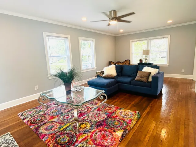 a living room with a couch and a potted plant