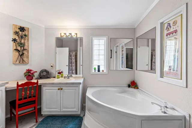 a bathroom with a bathtub sink and mirror