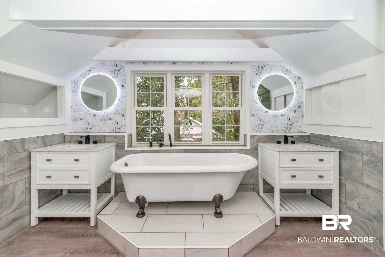 2157 Homewood Street Mobile, AL 36606 - Photo 21 of 36 Full bath featuring two vanities, wainscoting, a freestanding bath, and tile walls