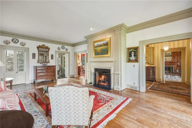 a living room with furniture rug and a fireplace