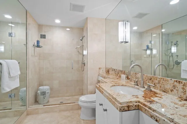 a bathroom with a granite countertop sink a toilet a mirror and shower