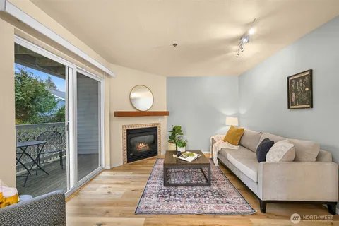 a living room with furniture a rug and a fireplace
