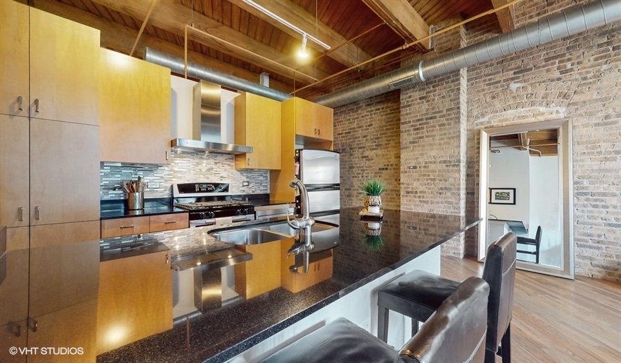 1040 West Adams Street, Unit 347 Chicago, IL 60607 - Photo 11 of 29 a kitchen with stainless steel appliances granite countertop a stove a sink and a refrigerator