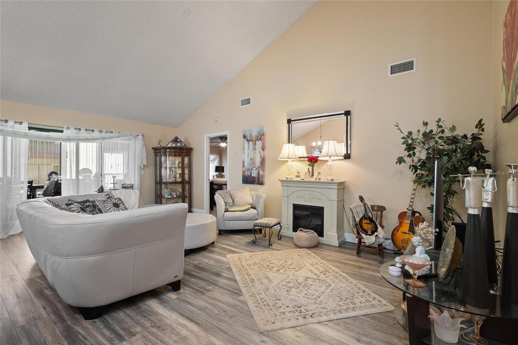 1801 East Lake Road South, Unit 5A Palm Harbor, FL 34685 - Photo 11 of 22 a living room with furniture and a fireplace