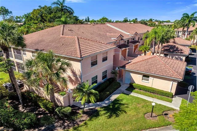 an aerial view of a house with a yard and potted plants