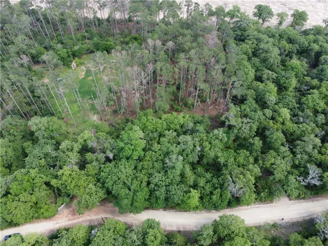 an aerial view of residential house with outdoor space and trees all around