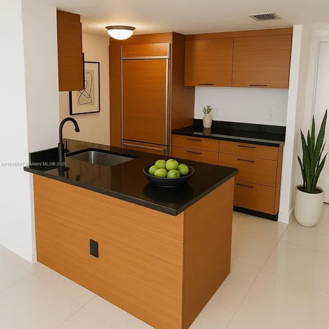 a kitchen with microwave and stove
