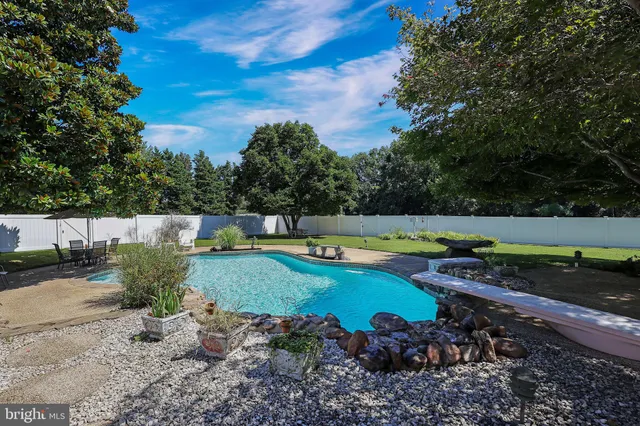 a view of a backyard with swimming pool