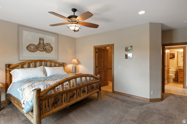 755 South Zion Ridge Drive Orderville, UT 84758 - Photo 34 of 84 Carpeted bedroom with a ceiling fan, recessed lighting, and ensuite bathroom