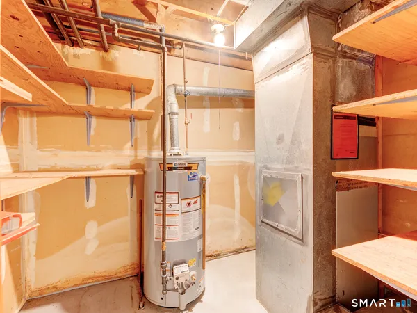 a room with a large window and dryer