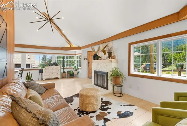 a living room with furniture and a fireplace