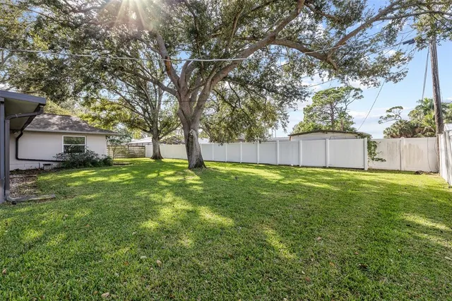 a view of a backyard with a garden and trees