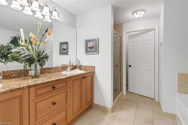 a bathroom with a granite countertop sink a potted plant and a mirror
