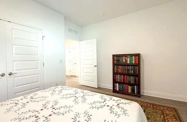a bedroom with a bed and closet