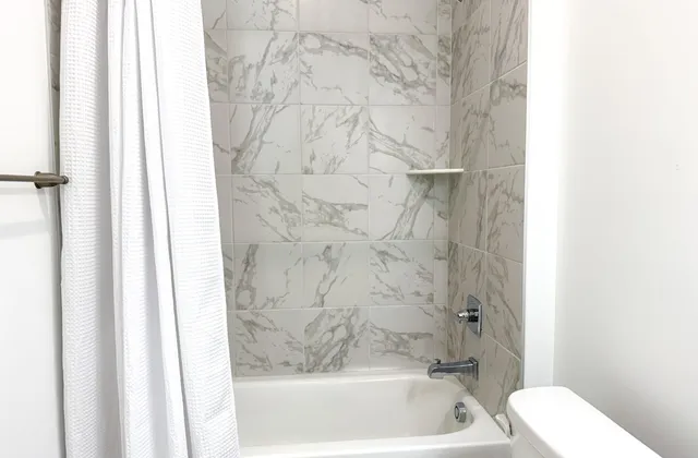 a bathroom with a bathtub and shower