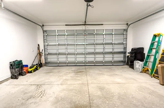 a view of a garage with rack and bicycle