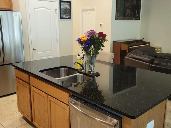 a close view of a sink a counter space and cabinets