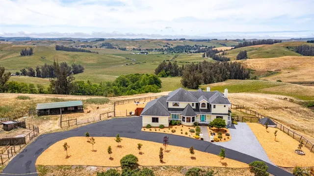 an aerial view of residential houses with outdoor space and ocean view