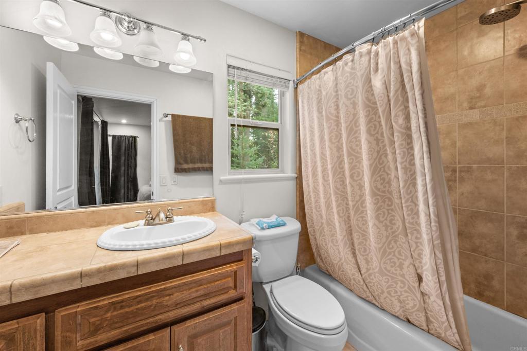 26328 Jacqueline Road Twin Peaks, CA 92391 - Photo 24 of 37 a bathroom with a sink a toilet a mirror and shower curtain