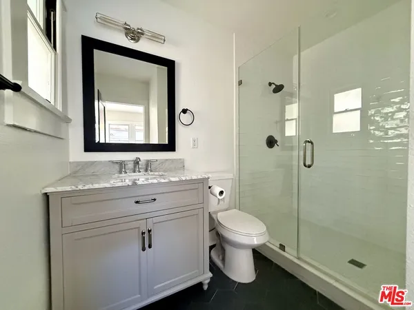 a bathroom with a toilet sink vanity and shower