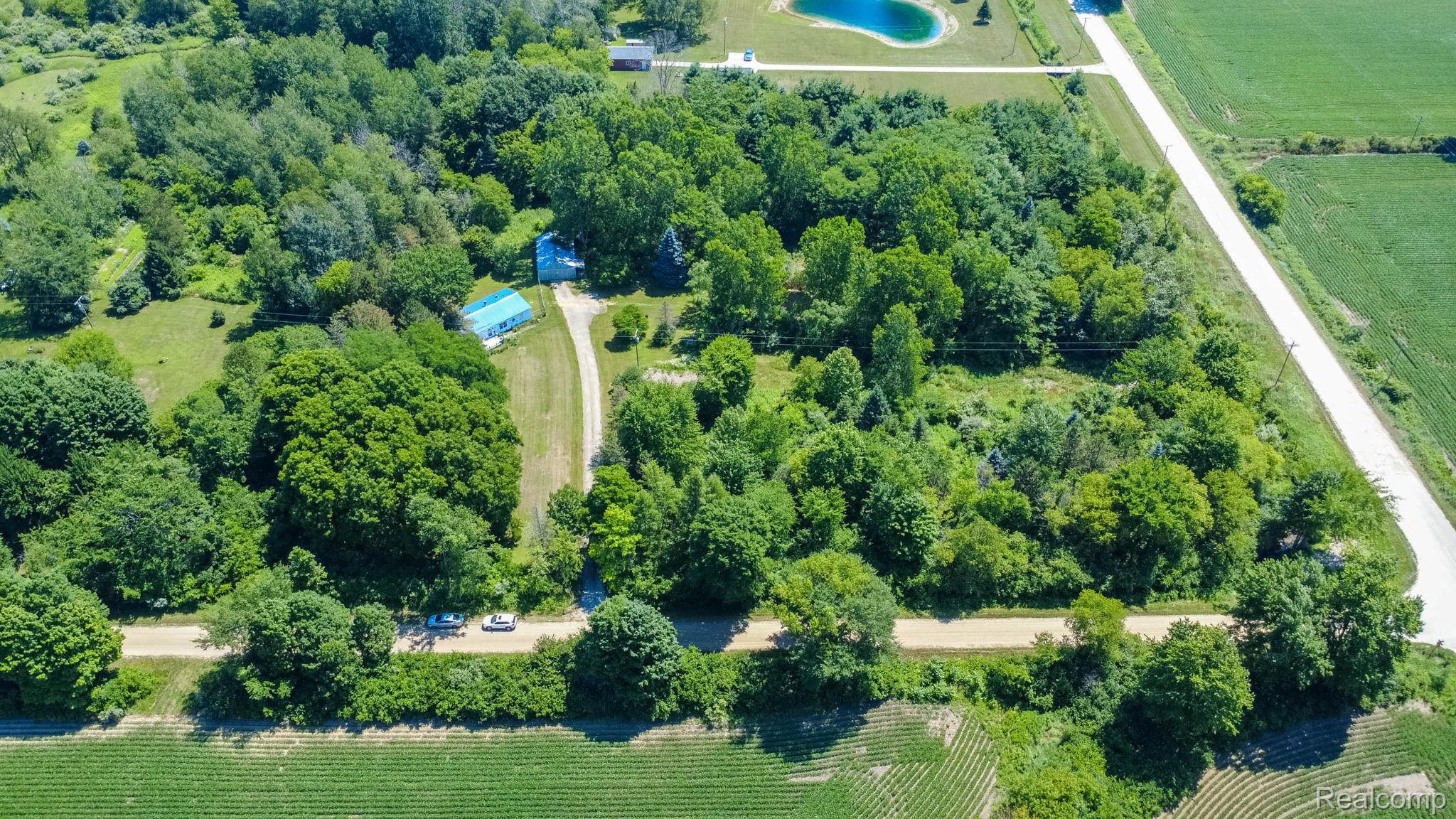 38 South Force Road Attica, MI 48412 - Photo 42 of 53 Expansive parcel featuring a blue-roofed structure, abundant mature trees, a gravel driveway, and a pond
