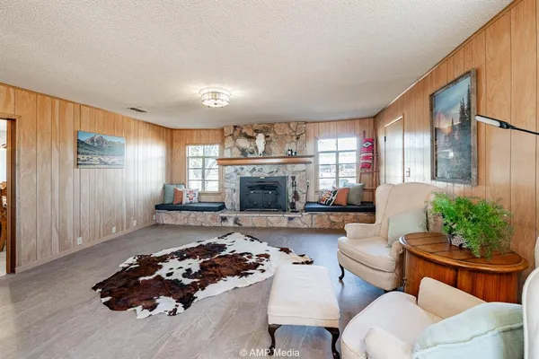 a living room with furniture or couch and a fireplace