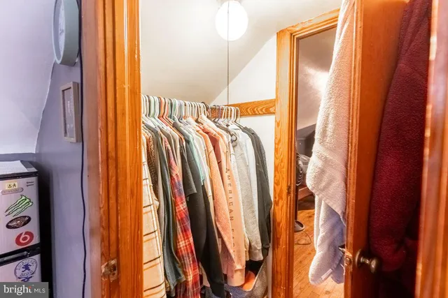 a view of walk in closet with clothes