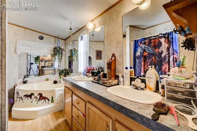 a bathroom with a sink double vanity and mirror