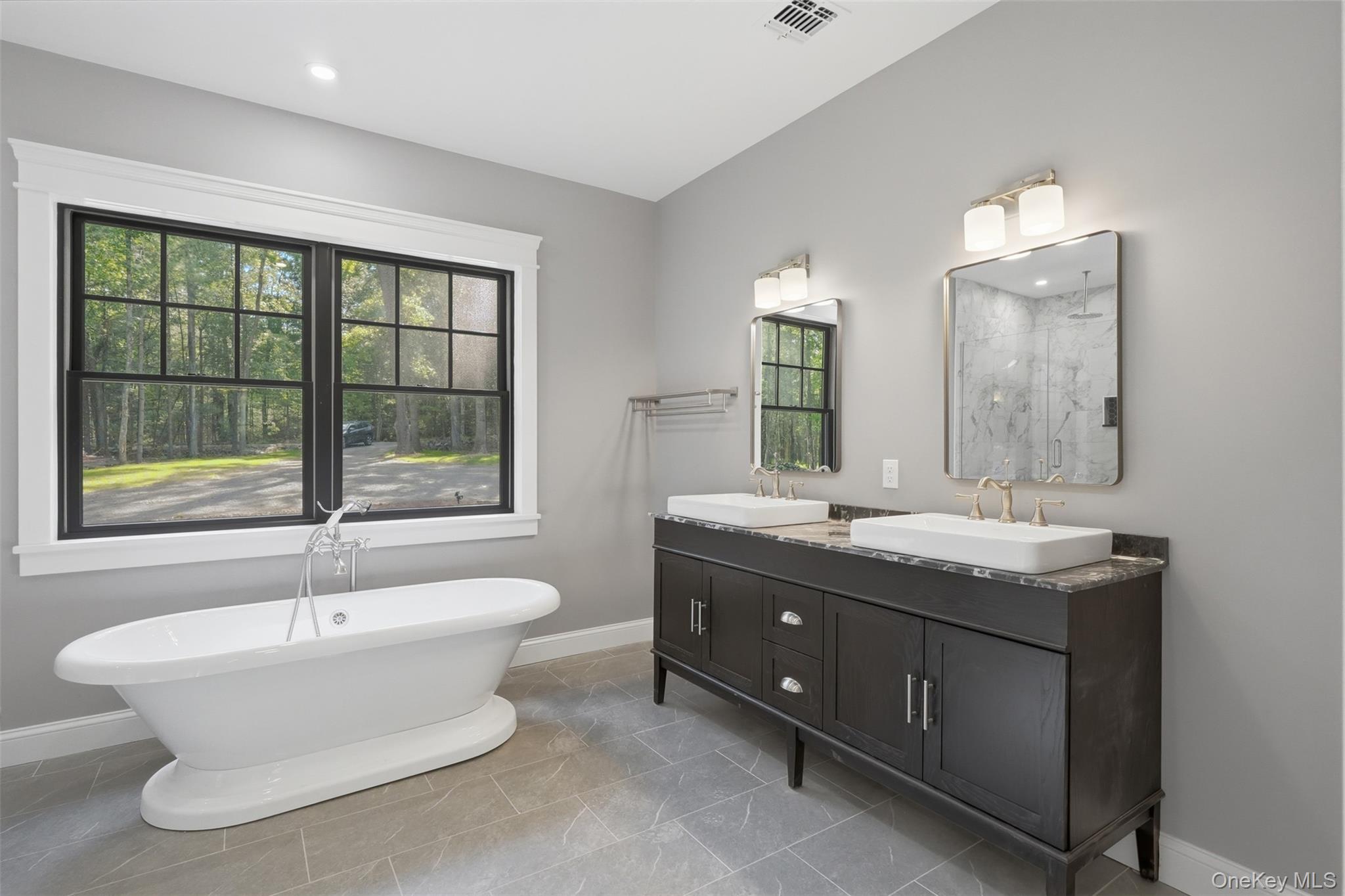 300 Van Tuyl Road Barryville, NY 12719 - Photo 35 of 50 a bathroom with a granite countertop sink and a large mirror