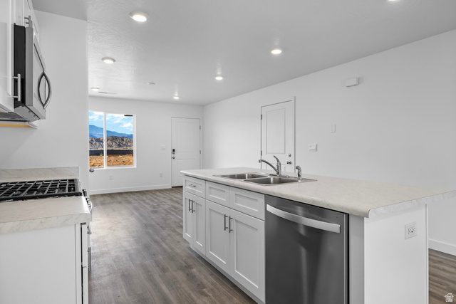 1597 South Fins Road, Unit 4177 Washington, UT 84780 - Photo 10 of 33 Modern kitchen featuring an island with dual sinks, a stainless steel dishwasher, and white cabinetry