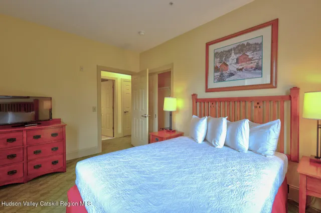 a bedroom with a bed and a television