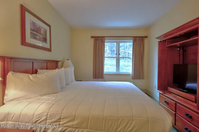 a bedroom with a bed and a television