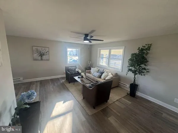 a living room with furniture and a potted plant