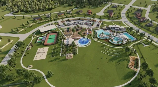 an aerial view of a swimming pool