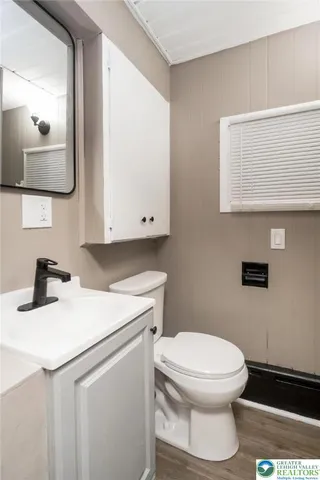 a bathroom with a sink a toilet and mirror