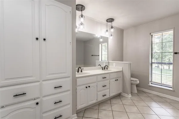 a bathroom with a double vanity sink a toilet and a mirror