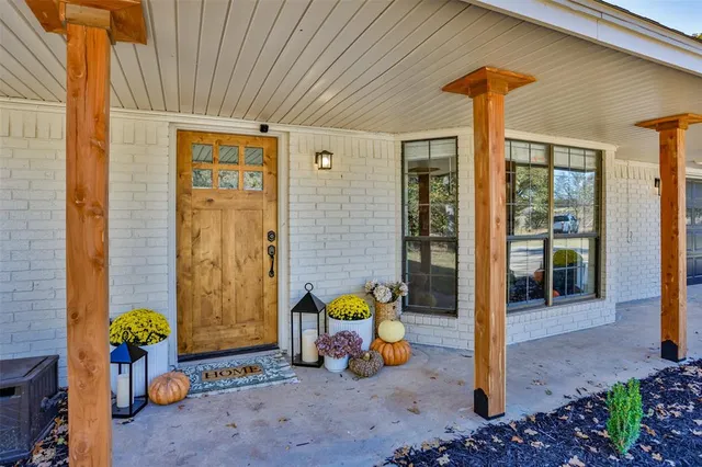 a front view of a house with patio