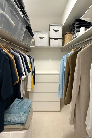 a view of walk in closet with clothes and shoes