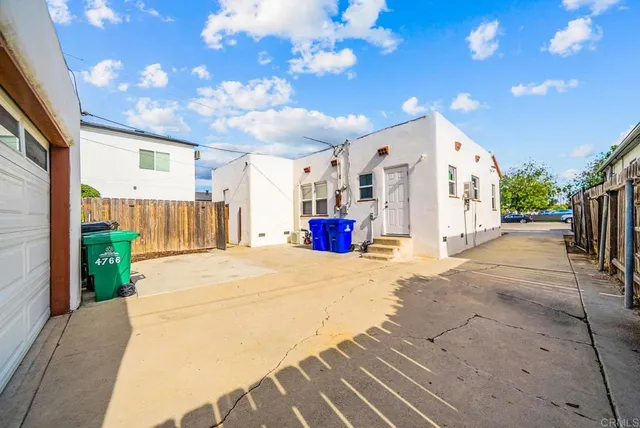 a outdoor space with a fireplace