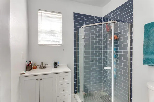 a bathroom with a shower sink and mirror
