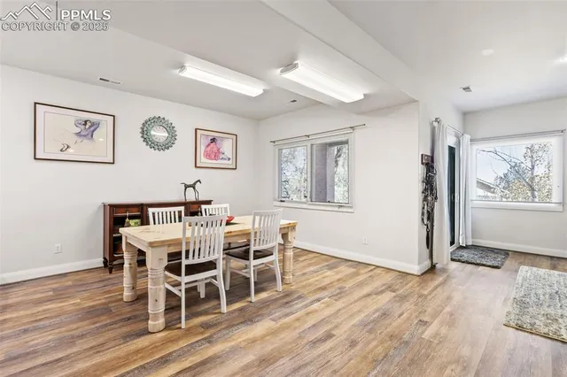 a view of a dining room with furniture window and wooden floor