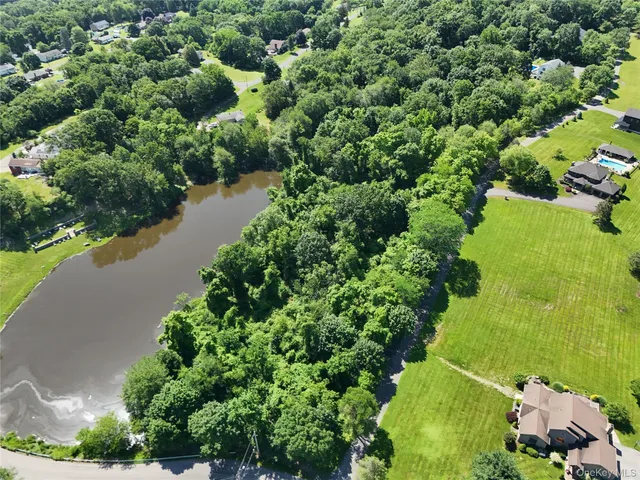 an aerial view of residential houses with outdoor space and trees all around