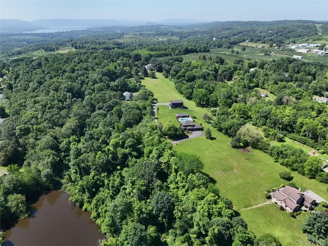 a view of a lush green forest with trees and houses