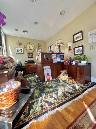a view of a dining room with furniture