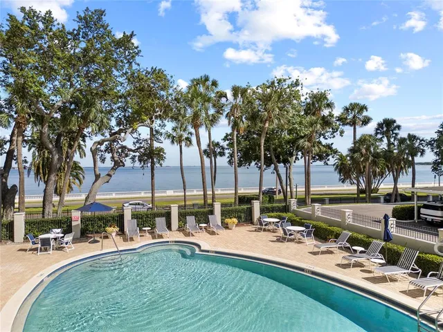a view of a garden with swimming pool