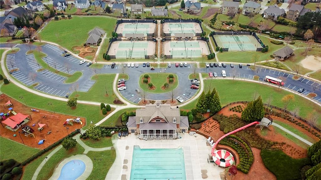 an aerial view of a swimming pool