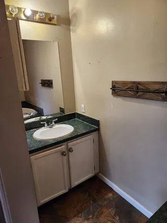 a bathroom with a sink and a mirror