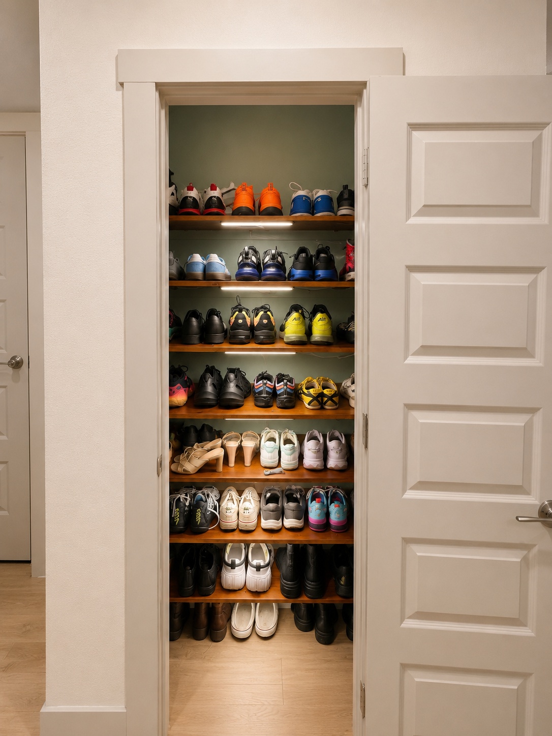 10924 Meris Lane Austin, TX 78754 - Photo 10 of 20 Custom closet featuring multiple wood-finish shelves, integrated lighting, and a durable wood-finish floor