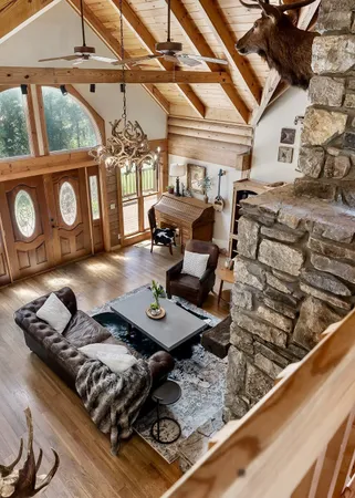 a bedroom with a bed and a table in it