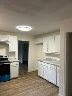 a kitchen with a sink cabinets and wooden floor